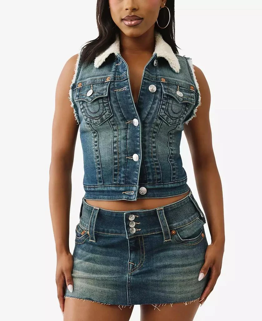 True Religion Women's Shrunken Sherpa Denim Vest 1