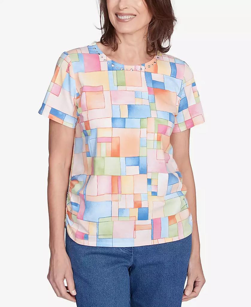 Alfred Dunner Petite  Color Block Tile Top with Side Ruching