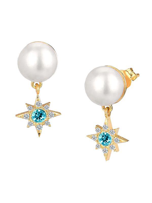 Gabi Rielle Bejeweled 14K Yellow Goldplated Sterling Silver, 6MM Freshwater Pearl & Pave Crystal Star Drop Earrings