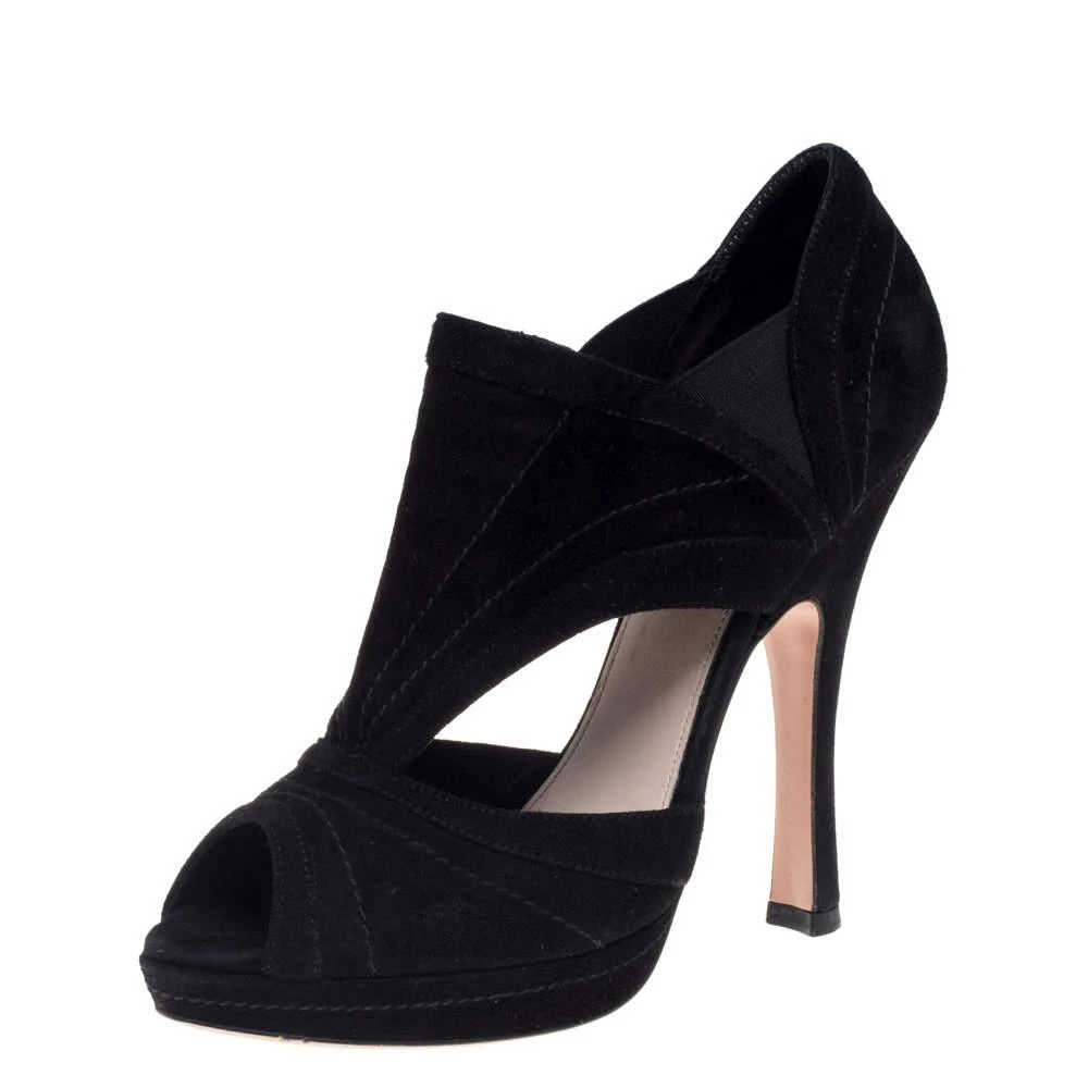 Prada Prada Black Suede Cutout Peep Toe Booties Size 37.5 1