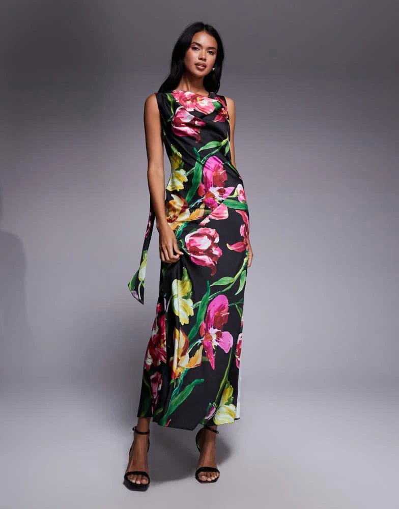 Shop ASOS DESIGN satin drape neckline midi dress with long tie back detail  and split in black based floral print on Sale at BeyondStyle  Get 75% Off  ASOS DESIGN satin drape