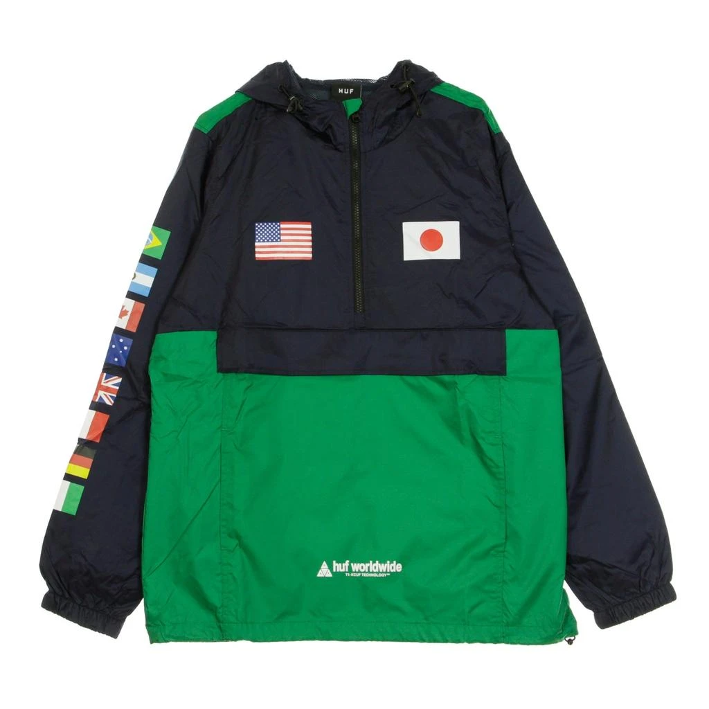 HUF Men's Pull-On Windbreaker Flags Anorak Jacket French Navy 1
