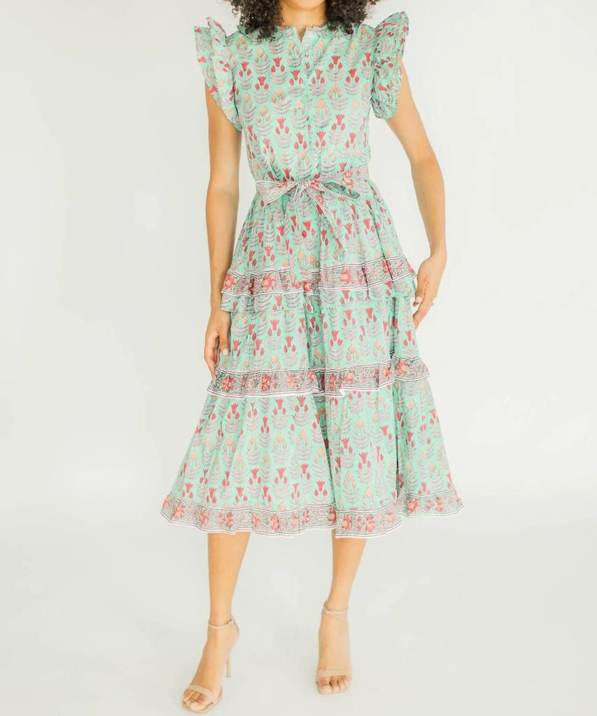 floral midi cocktail dress with sleeves Blue Floral Midi Cotton Casual Dress: Carmen Blue Floral / XSmall