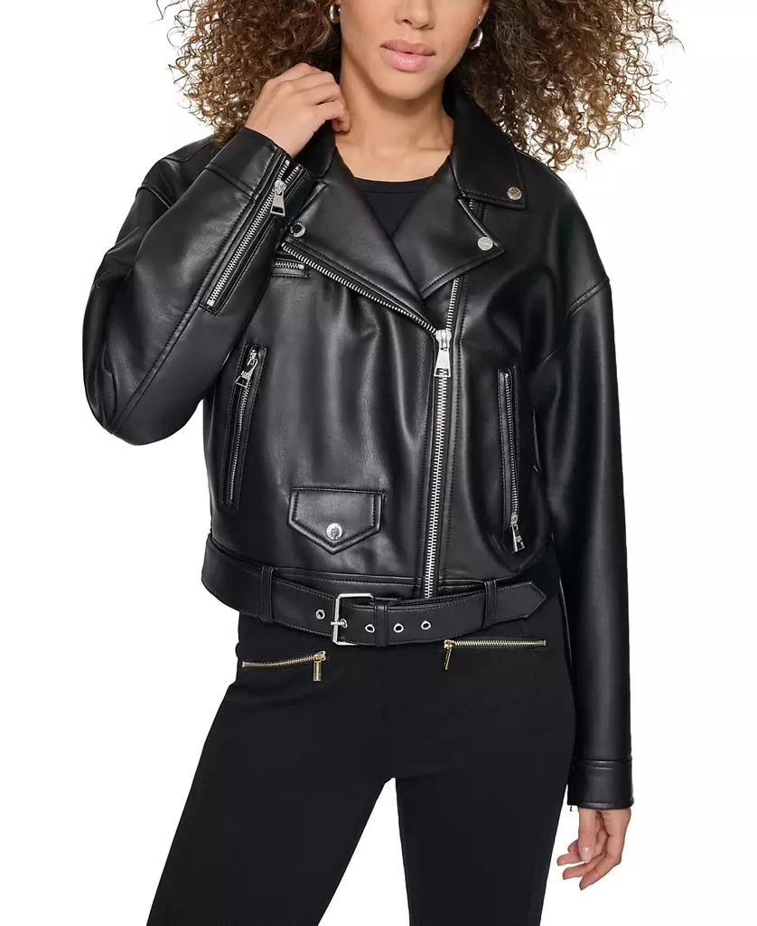 Women's Faux-Leather Asymmetric Cropped Moto Coat – On Sale Now