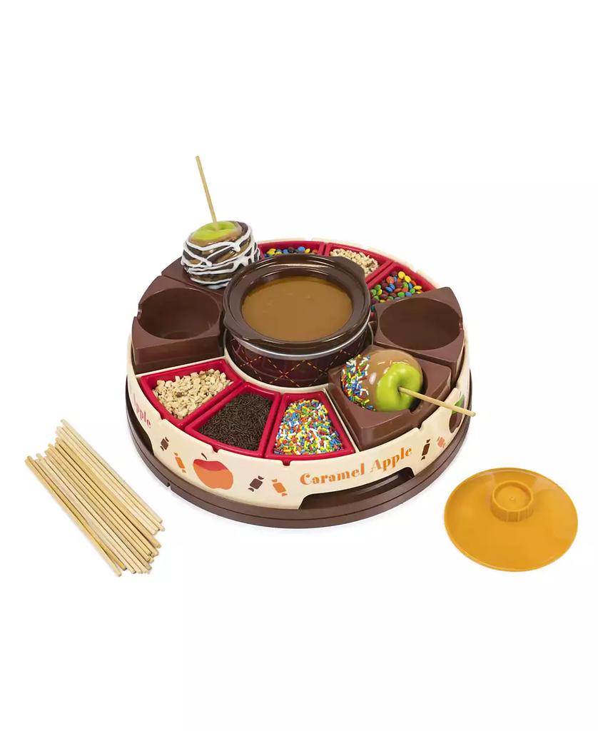 Nostalgia Lazy Susan Chocolate Caramel Apple Party with Heated Fondue Pot, 25 Sticks, Decorating and Toppings Trays