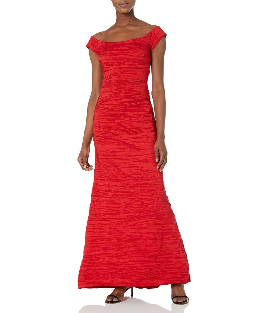 Alex Evenings Long Stretch Taffeta Dress with Fishtail Skirt and Off the Shuolder