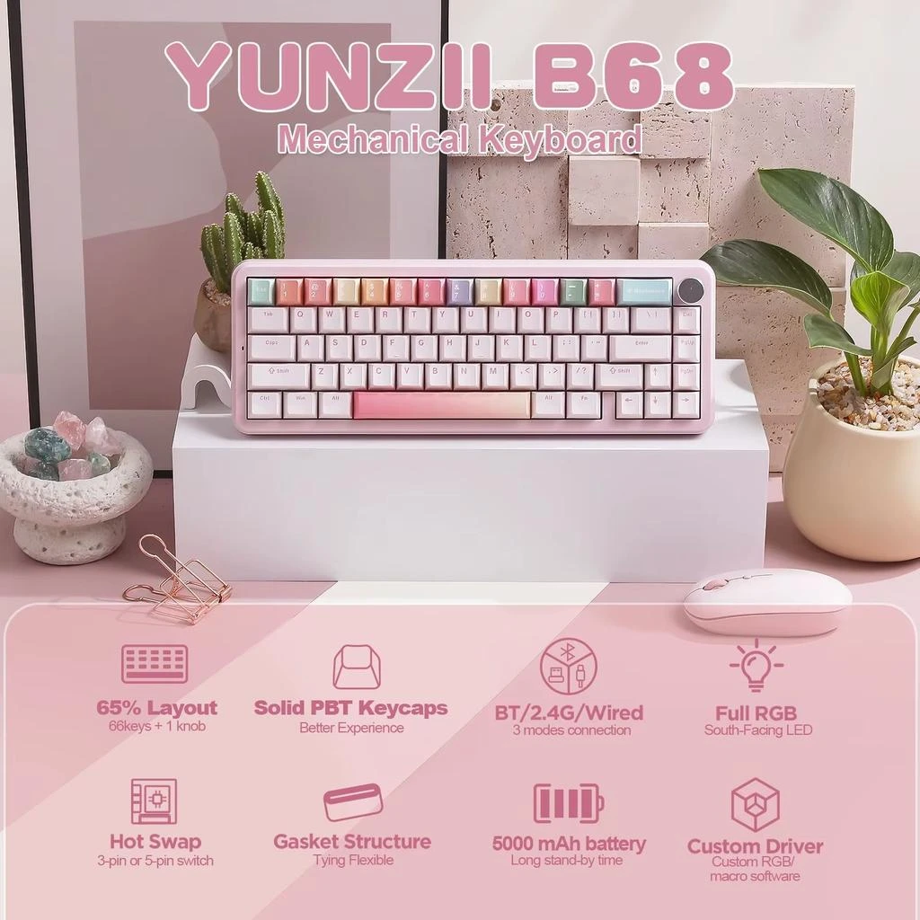 YUNZII B68 Wireless Mechanical Gaming Keyboard - Tri-Mode Hot Swappable Gasket Mounted Keyboard for Windows and Mac 4
