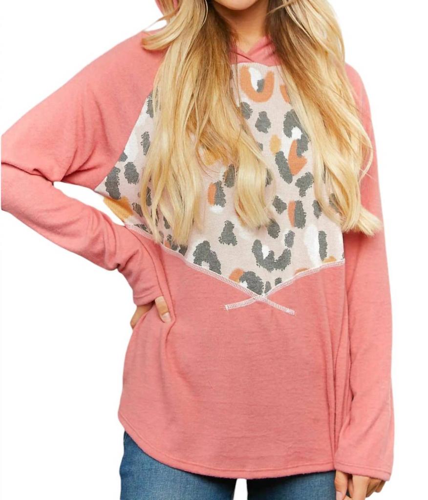 Haptics Leopard Thermal Yoke Brushed Hacci Cross Stitch Hoodie In Pink