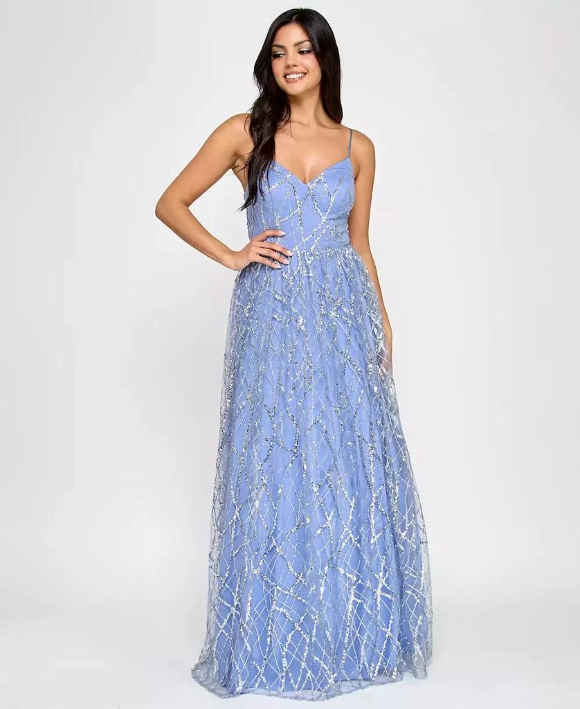 Say Yes Juniors' Glitter-Tulle Lace-Up V-Neck Gown, Created for Macy's 1