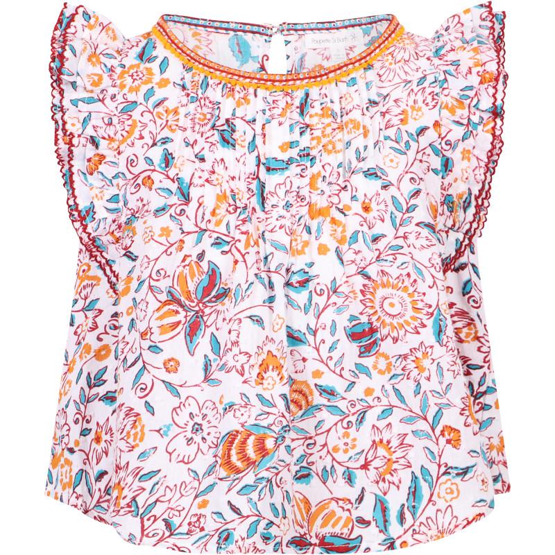 Poupette St Barth Floral print ruffle and pleated detailing blouse in white and red