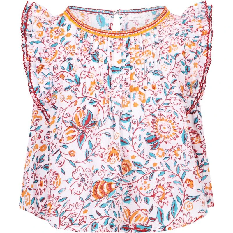 Poupette St Barth Floral print ruffle and pleated detailing blouse in white and red 1