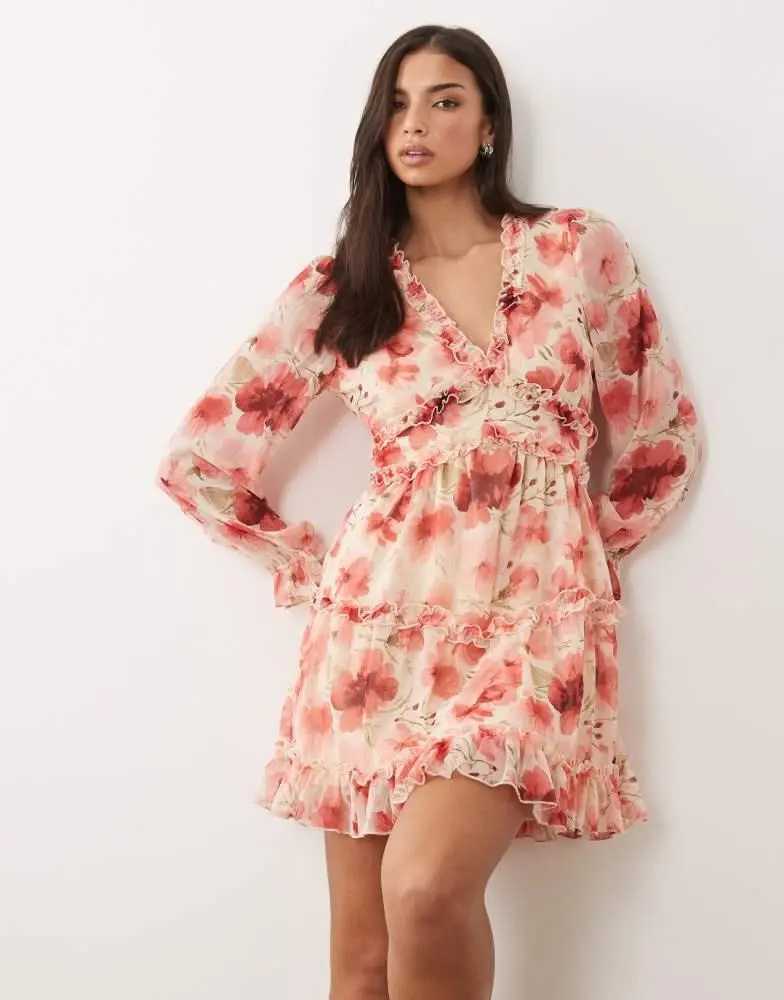Vila Vila chiffon frill detail mini dress in bright floral print 2