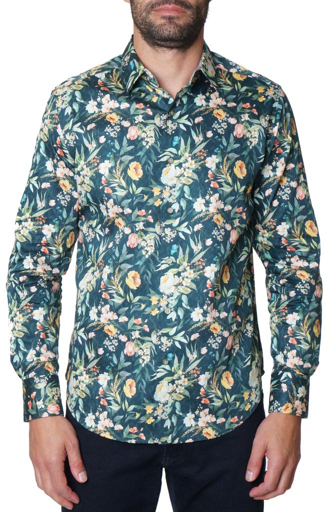 Robert Graham Floral Green Print Cotton Button-Up Shirt