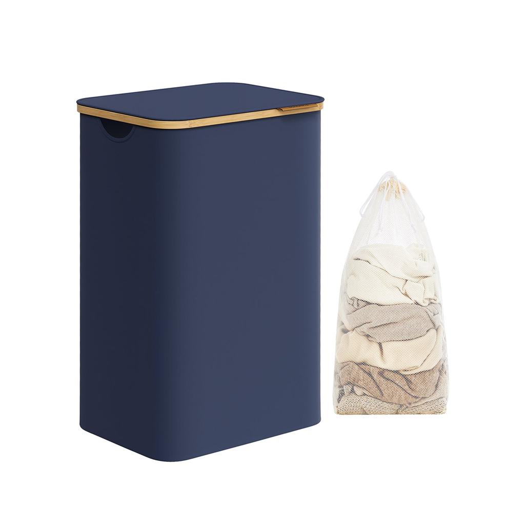 BreeBe Laundry Hamper with Lid, Large Laundry Basket, 23.8 Gallons (90L), Removable Mesh Liner, Bamboo Handles, Collapsible, 16.5 x 12.6 x 27.8 Inches, Charcoal Blue
