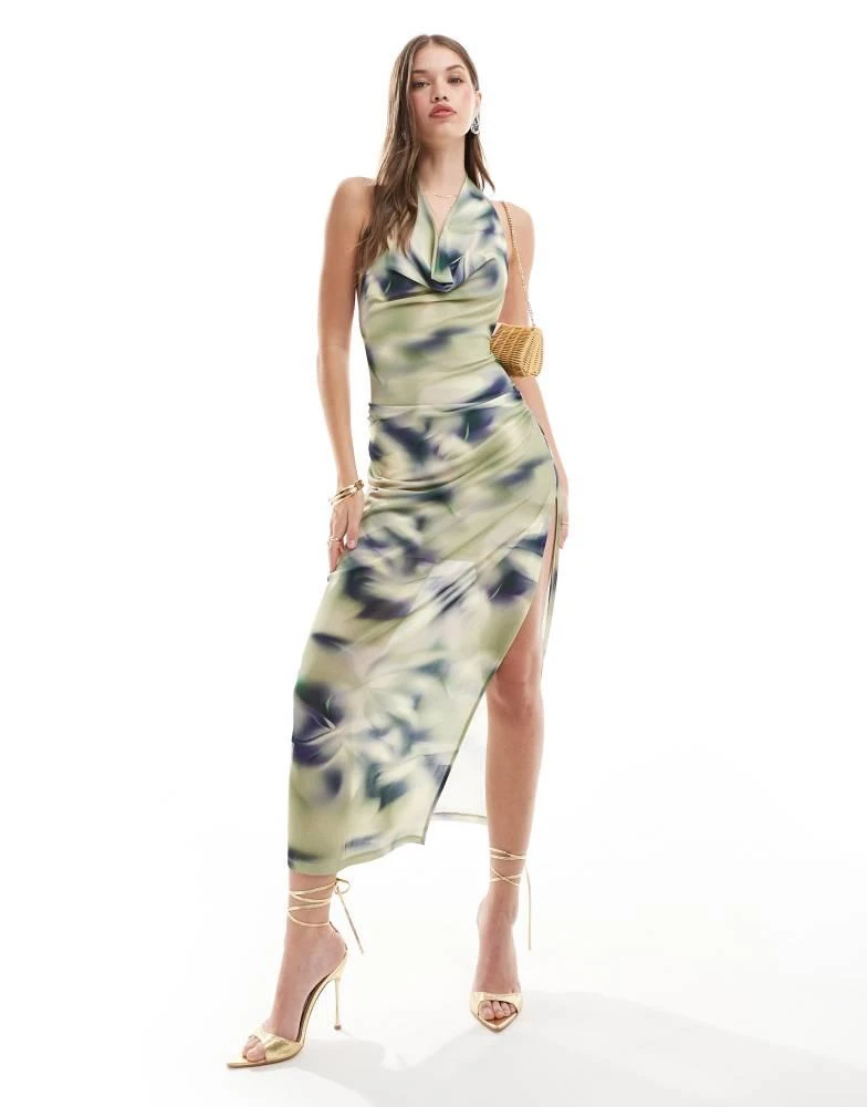 Pull&Bear Pull&Bear cowl neck low back maxi dress in blue blur print 1