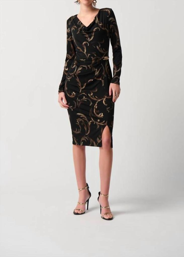JOSEPH RIBKOFF Joseph Ribkoff - Baroque Foiled Silky Knit Sheath Dress With Ornament