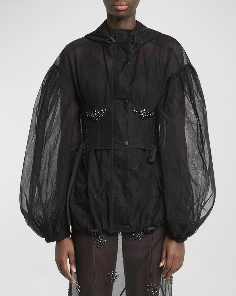 Simone Rocha Puff-Sleeve Parka Jacket with Embellished Corset Bodice