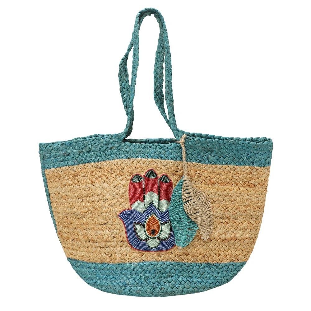 FASHNZFAB Embroidered Hamsa Hand Motif Accent Leaf Bag Charm Straw Woven Shoulder Tote Bag 2