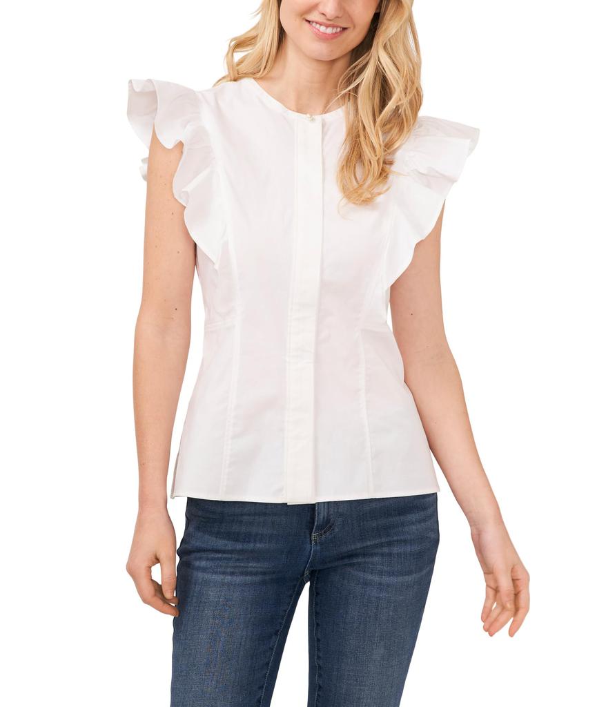 CeCe Flutter Ruffle Sleeveless Cotton Poplin Blouse