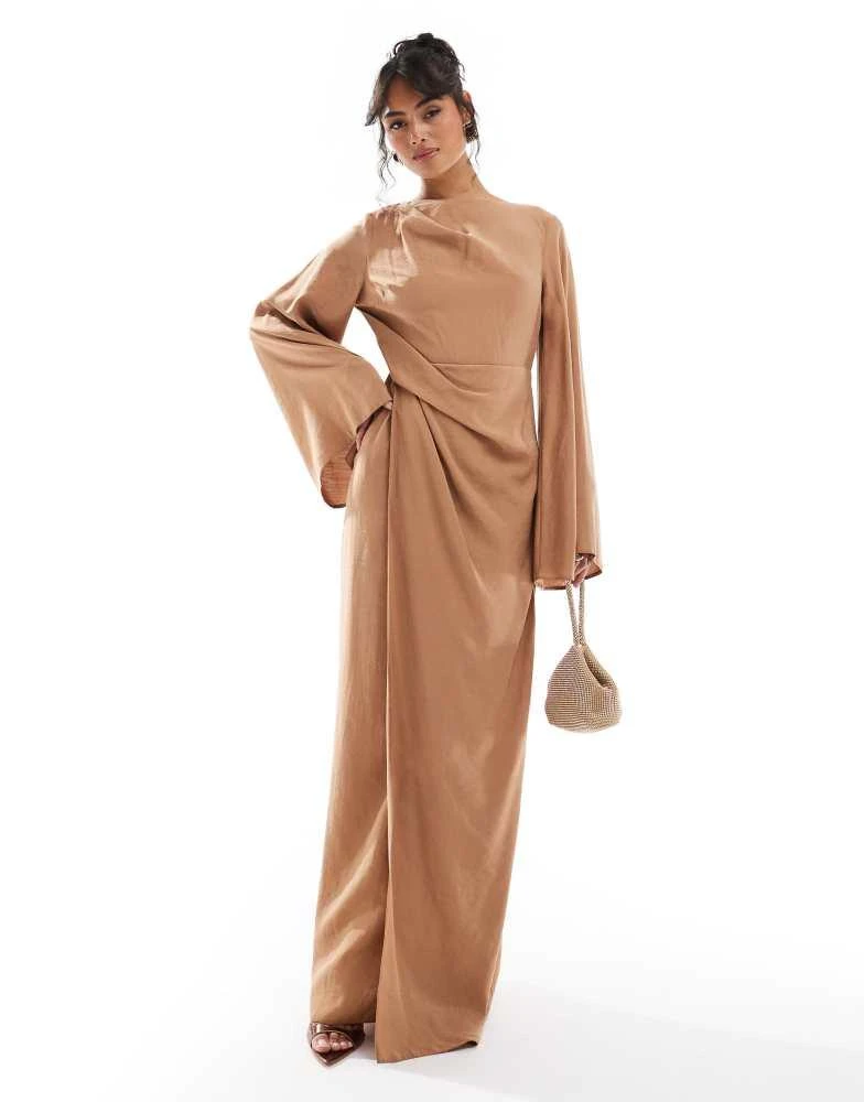 brown puff sleeve maxi dress Untamed Mocha Twist Front Gown with Deep V-Neck – kalisa main image 0