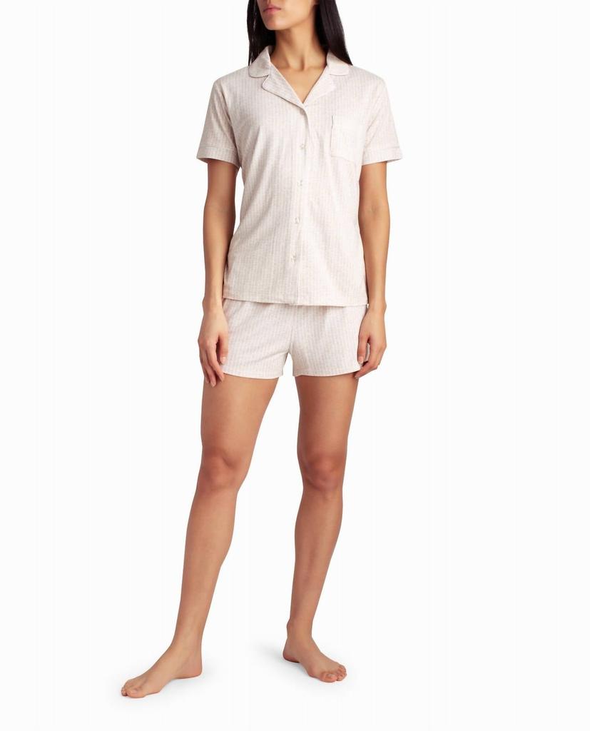 Nicole Miller Peached Jersey Shirt And Short Two-Piece Sleepwear Set In Oatmeal Stripe