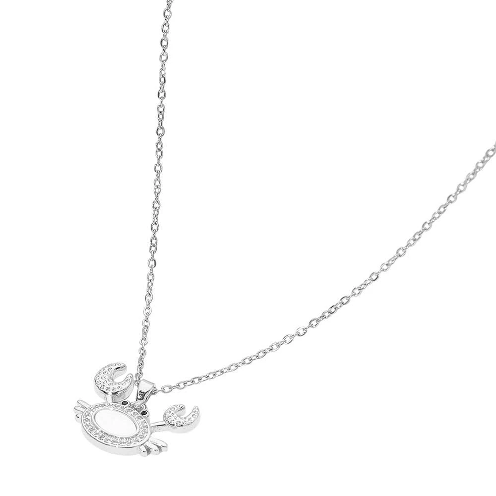 FASHNZFAB Stainless Steel Mother of Pearl CZ Stone Paved Crab Charm Pendant Necklace 2