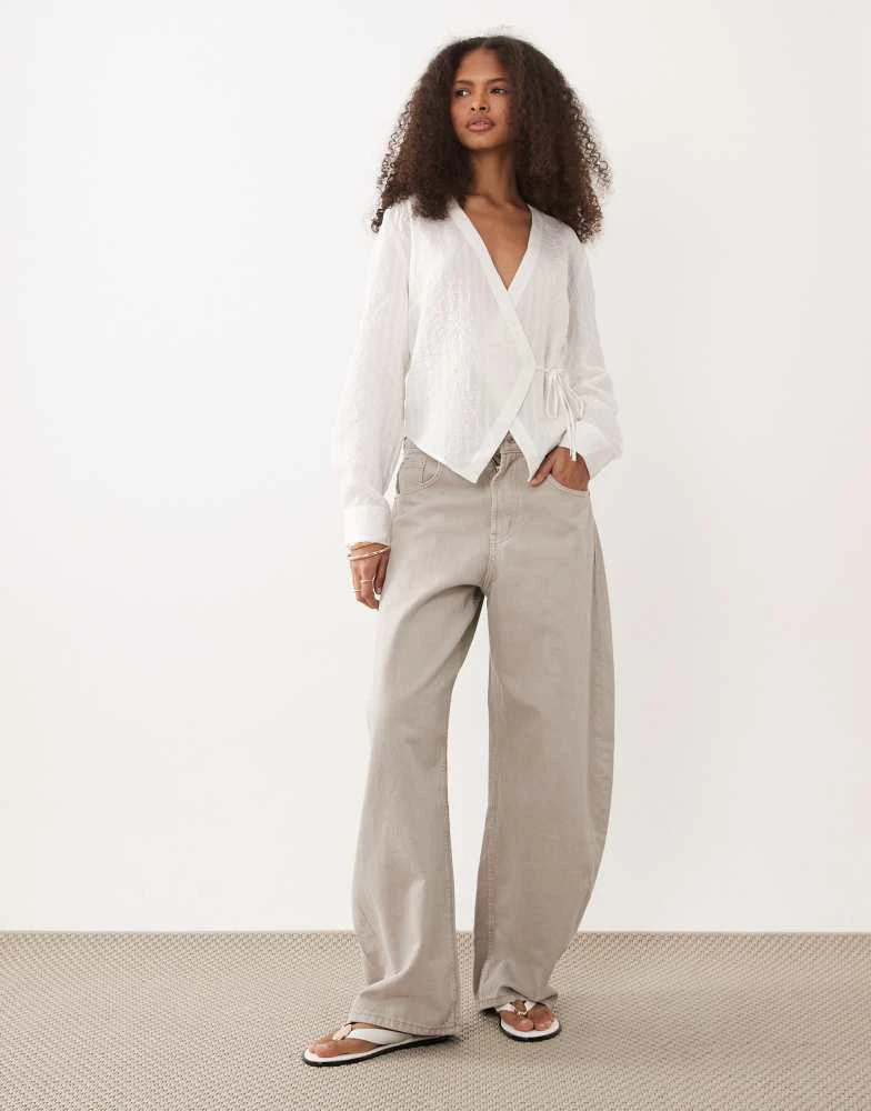 Mango Mango Teen tie waist long sleeve top in white 2