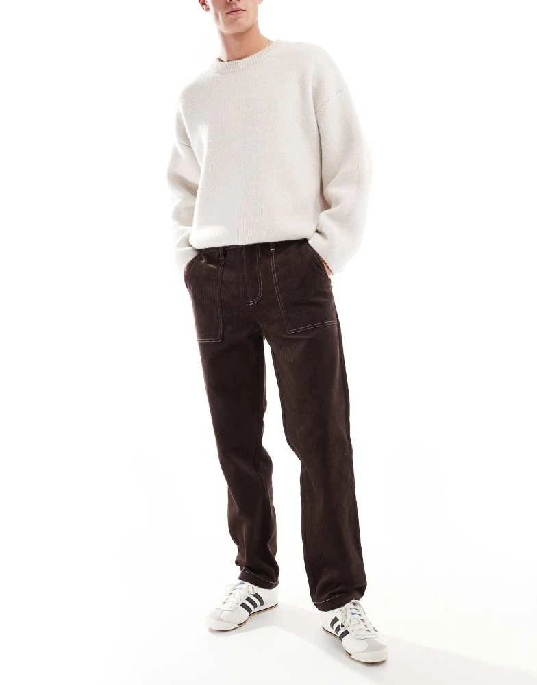 ASOS ASOS DESIGN straight leg cord trousers with contrast stitch in brown 1