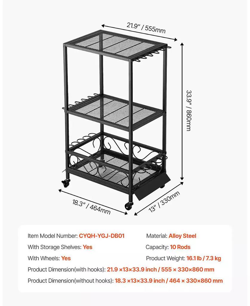 Mecale Fishing Rod Holder, 10-Rod Mobile Pole Rack Cart with Wheels for Garage or Home Fishing Gear Storage