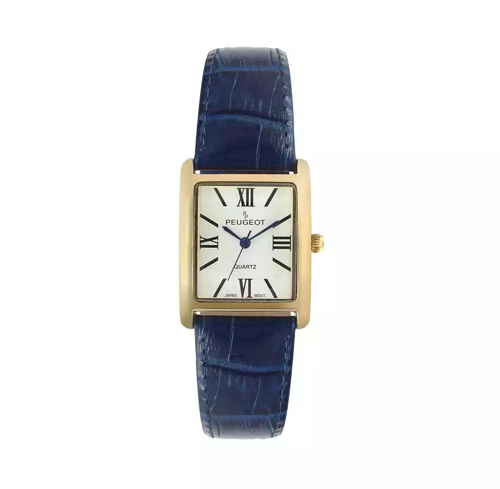 Peugeot Women's Tank Watch Roman Dial Blue Leather Strap
