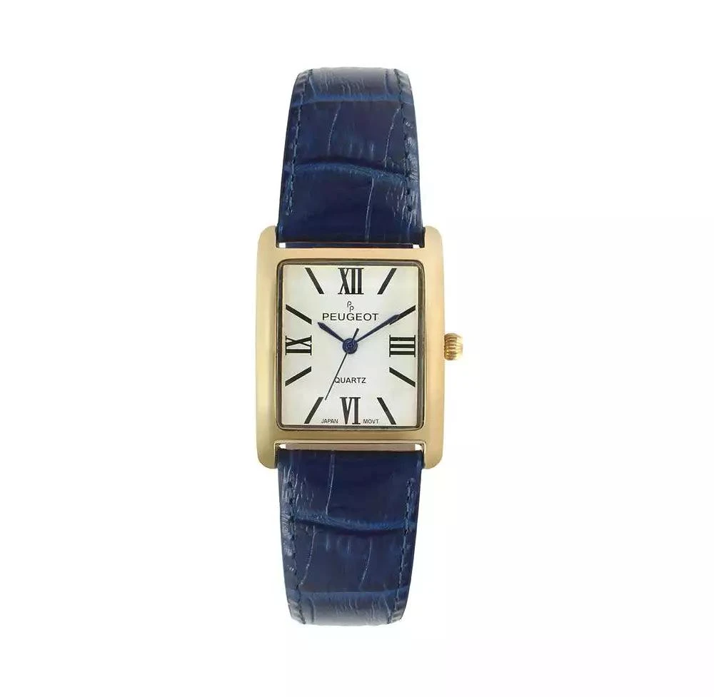 Peugeot Women's Tank Watch Roman Dial Blue Leather Strap 1