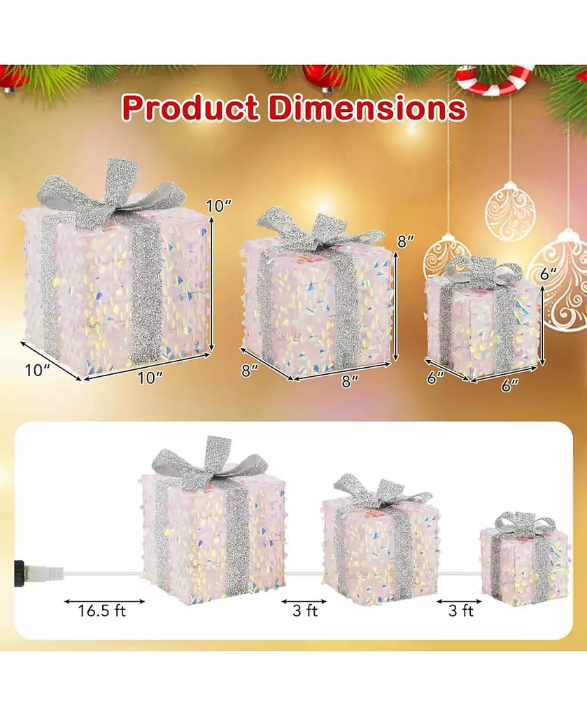 Costway 3 PCS Christmas Lighted Gift Boxes with 90 LED Lights Zip Ties Ground Stakes