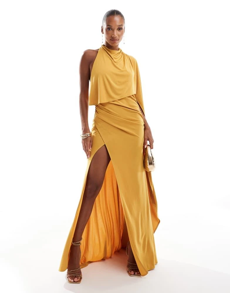 ASOS ASOS DESIGN one shoulder cape red carpet maxi dress with train in ochre 1