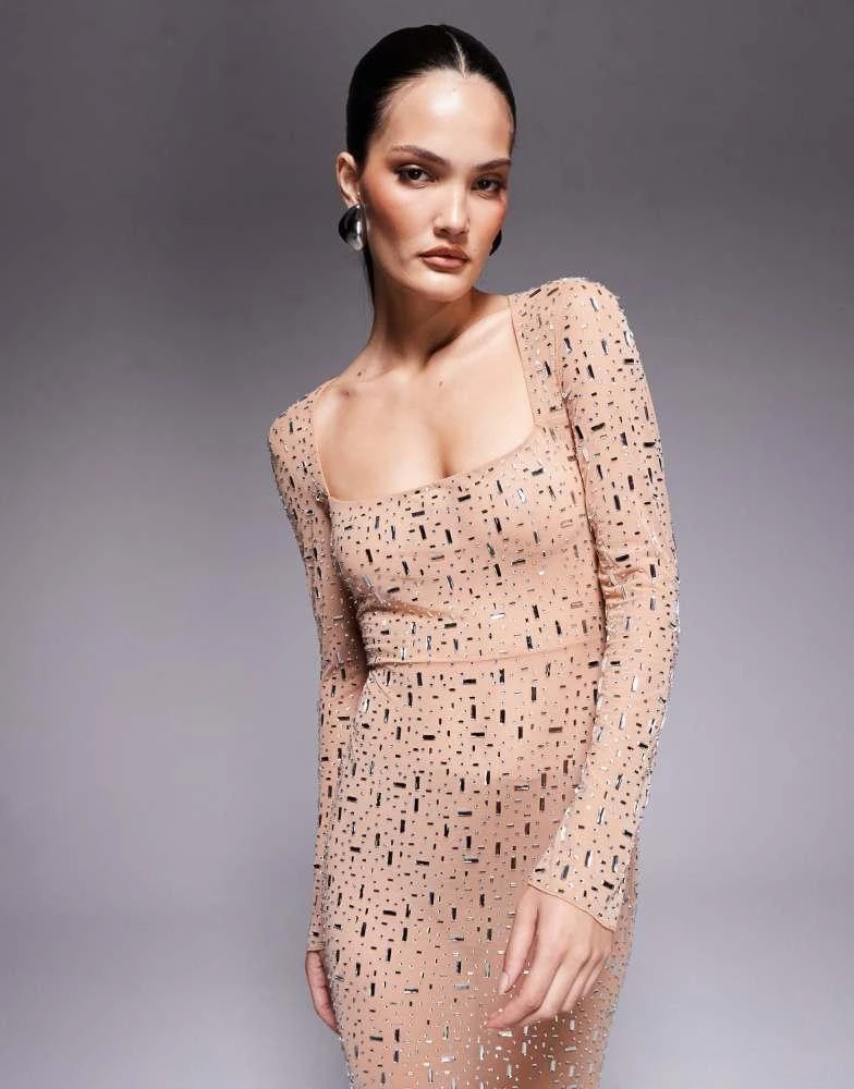 Shop Oh Polly long sleeved bodycon hot fix embellished maxi dress in beige  on Sale at BeyondStyle  Get 11% Off Oh Polly long sleeved bodycon hot fix  embellished maxi dress in