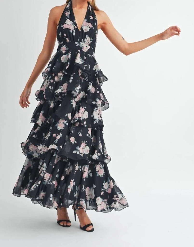 knee length dresses for ladies Astr The Label | Mable Floral Tiered Ruffle Maxi Dress in Lilac Green Floral main image 0