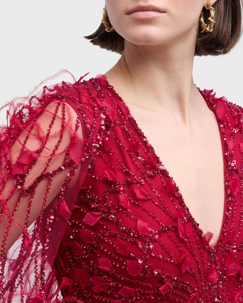 Pamella Roland Raspberry Sequined Feather-Trim Cape Column Gown 6