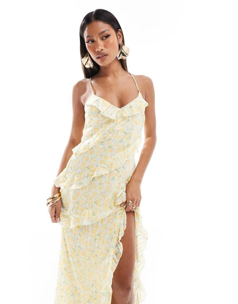 New Look New Look floral ruffle split maxi dress in yellow 1