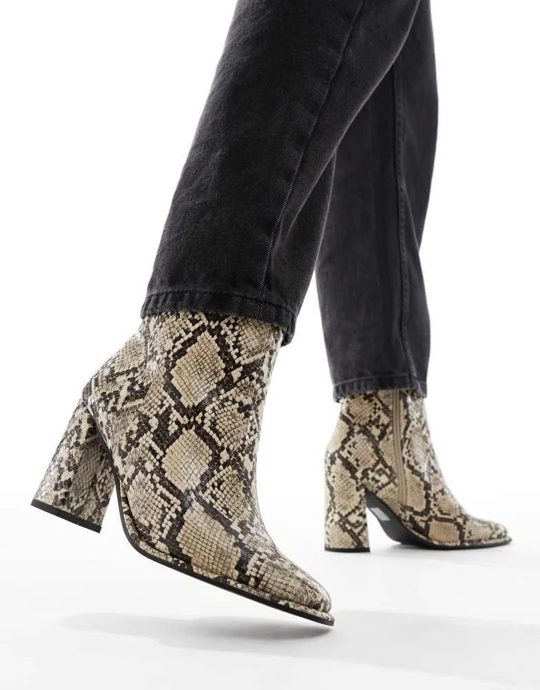 Shop London Rebel Maddie block heel ankle boot in snake on Sale at