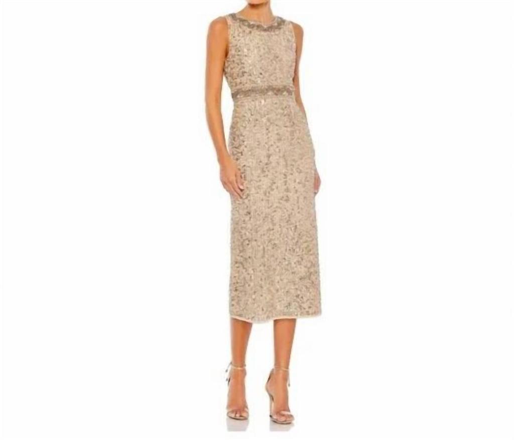 Mac Duggal Sleeveless Sequin Highneck Column Midi Dress In Gold