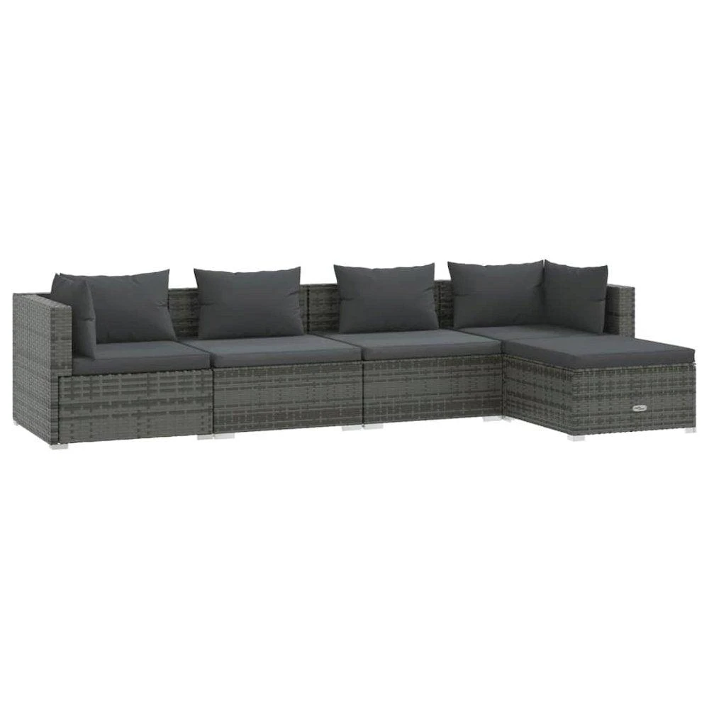 VidaXL 5 Piece Patio Lounge Set with Cushions Poly Rattan Gray 2