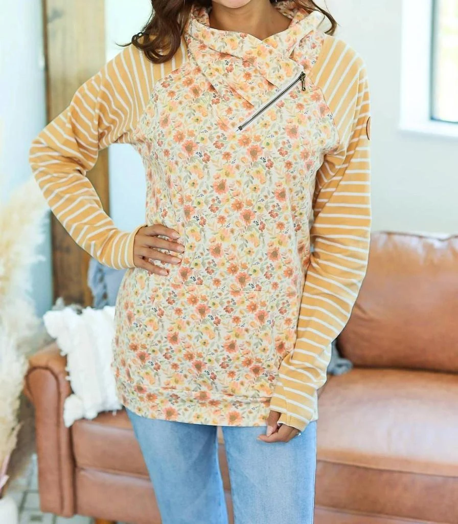 Michelle Mae Zoey Zip Cowlneck Sweatshirt In Mustard Floral Stripe 3