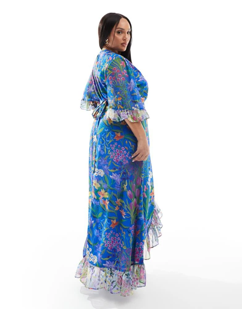 Hope & Ivy Plus Hope & Ivy Plus frill sleeve maxi wrap dress with tie waist in blue print 3