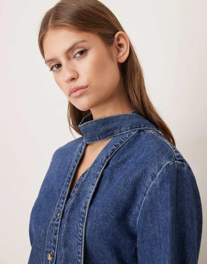 Mango Msngo 100% cotton denim shirt with tie neck in blue 3