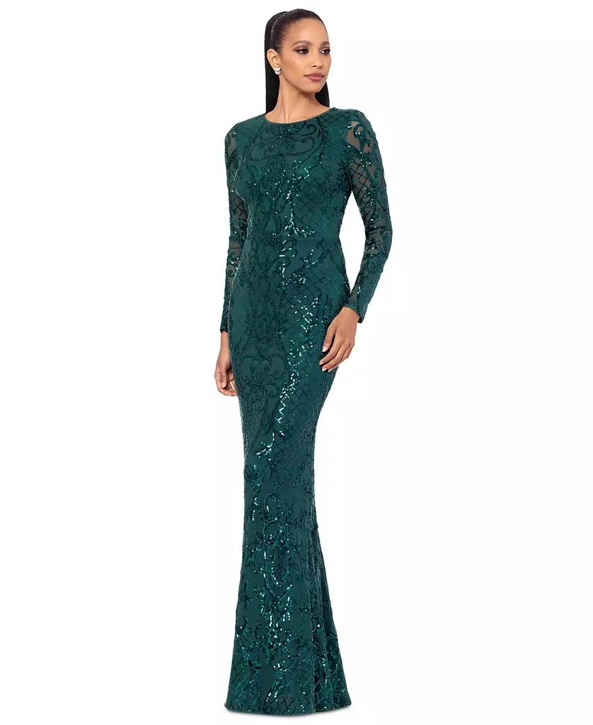 Betsy & Adam Petite Sequinned Mesh-Sleeve Evening Gown 3