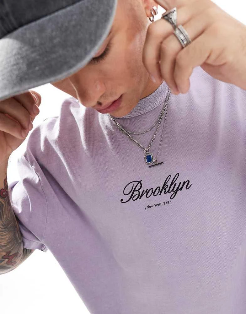 ASOS ASOS DESIGN oversized t-shirt in heavyweight 220gsm washed lavender with Brooklyn chest print 3
