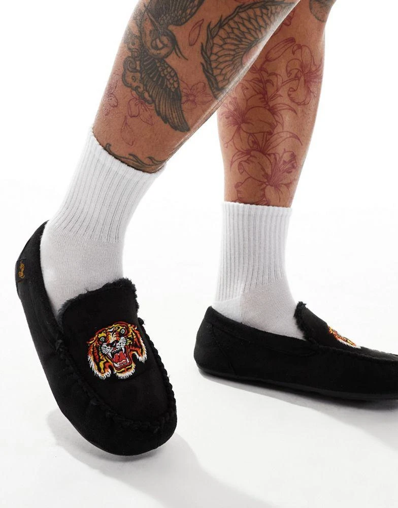 Ed Hardy Ed Hardy moccasin slippers with embroidered tiger face in black 4
