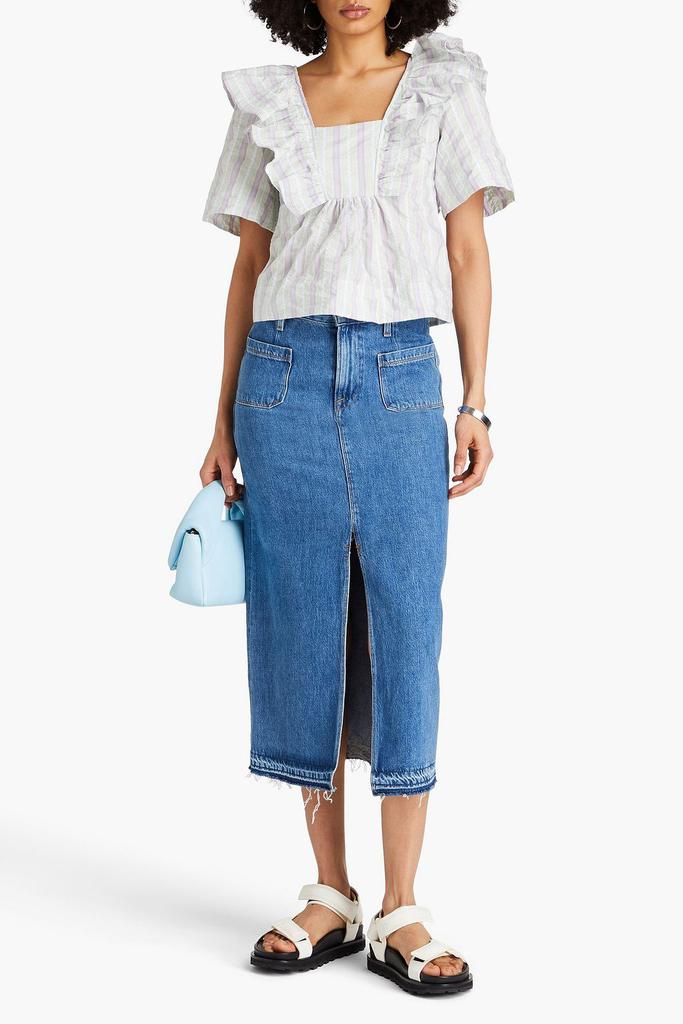 GANNI Ruffled striped cotton-blend seersucker top