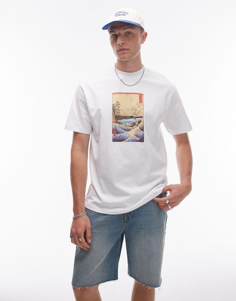 Topman TOPMAN X ASHMOLEAN  oversized fit t-shirt with wave and volcano  print in white