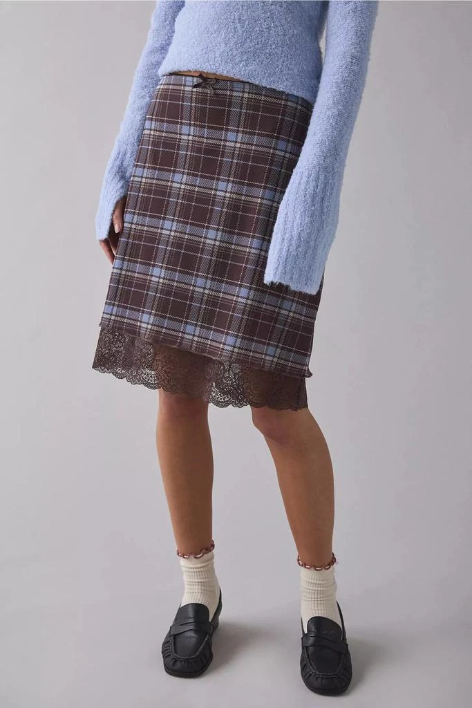 Urban Outfitters UO Suky Plaid Mesh Lace Trim Slip Midi Skirt