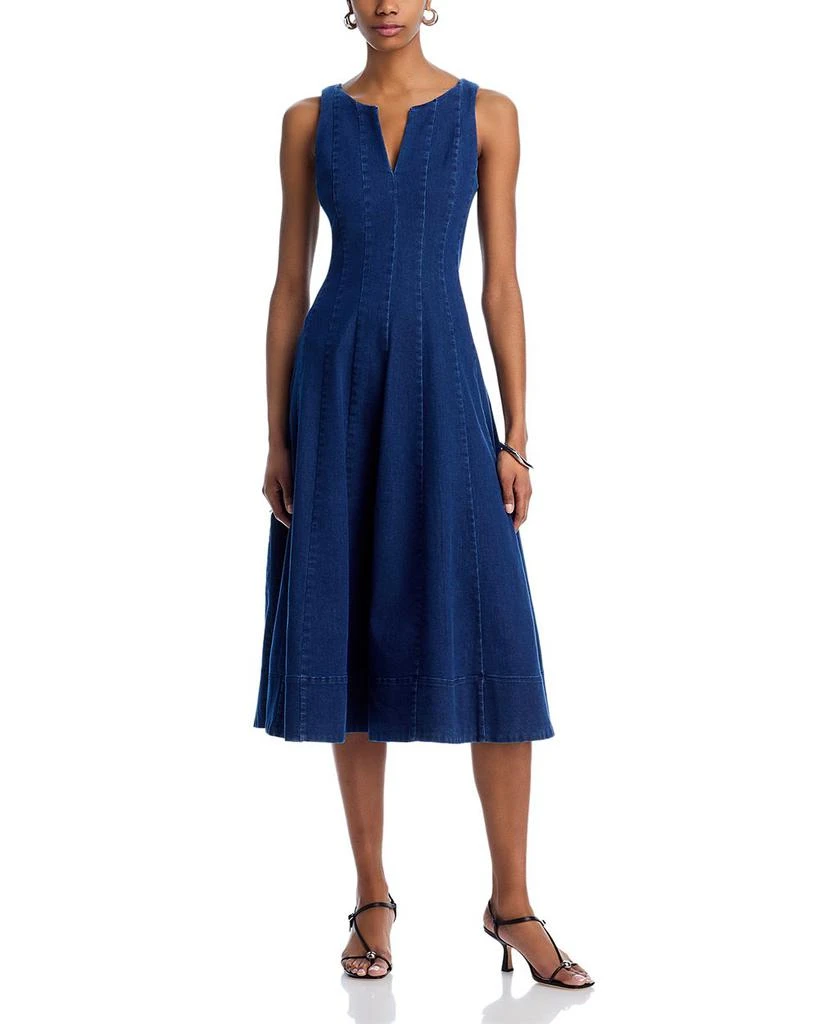 AQUA Denim Panel V Neck Sleeveless Midi Dress - Exclusive 1
